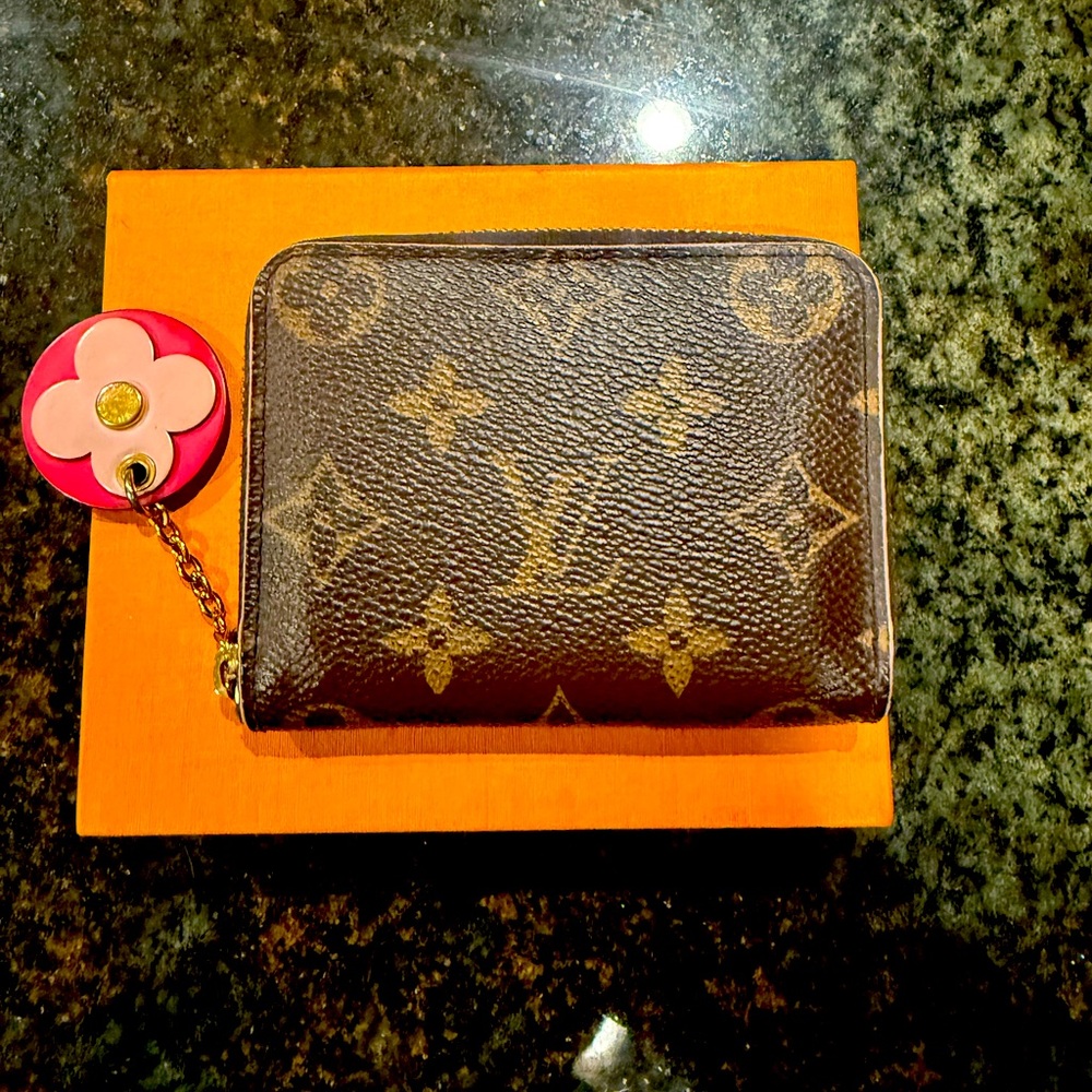 Louis Vuitton Monogram Canvas Zip Card Holder with Pink Flower Charm